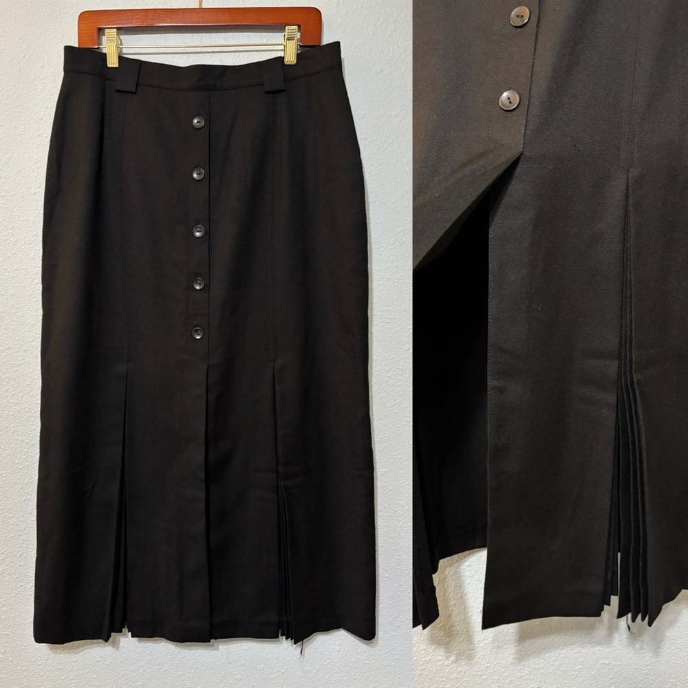 Vintage 80s does 40s Black Wool Accordion Pleat Kick Pleat Midi Skirt L EUC